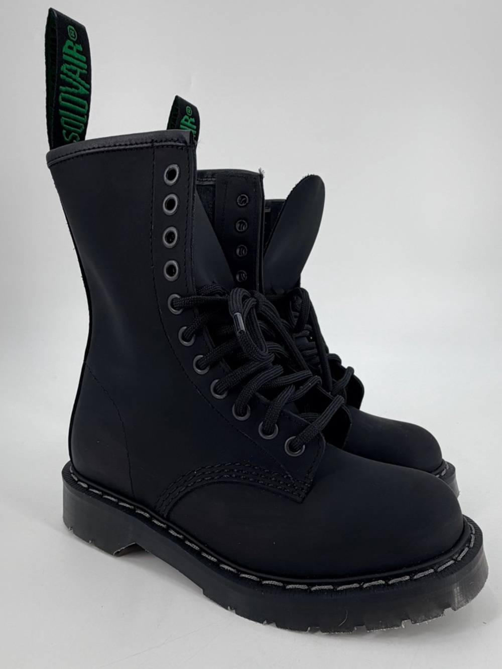 Solovair Black Greasy 11 Eye Derby Boots Combat Lace Up UK 3 Women’s 5 NEW